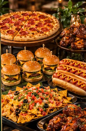 Estación americana: pizza, mini hamburguesas, hot dogs y alitas