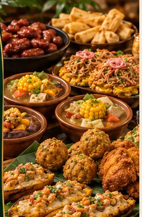 Estación dominicana: longaniza, tostones rellenos, mini sancochos y pollo frito